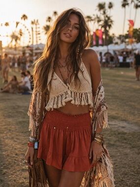 NATURAL LIFE Rust Orange Smocked Shorts with Stretch Waist